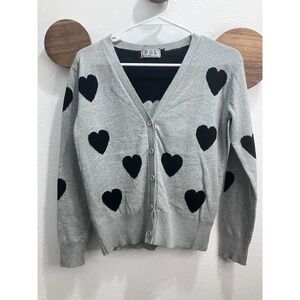 POL Gray Cardigan Black Heart Print Size Small Coquette Romantic Sweetheart